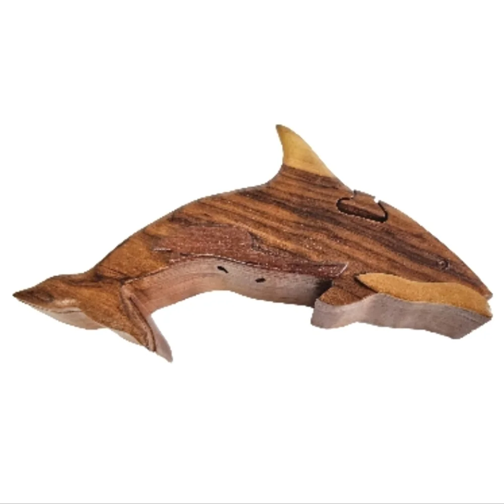Wooden Dolphin Fish Intarsia Puzzle Secret Chamber Handcrafted Jewelry Brown Box